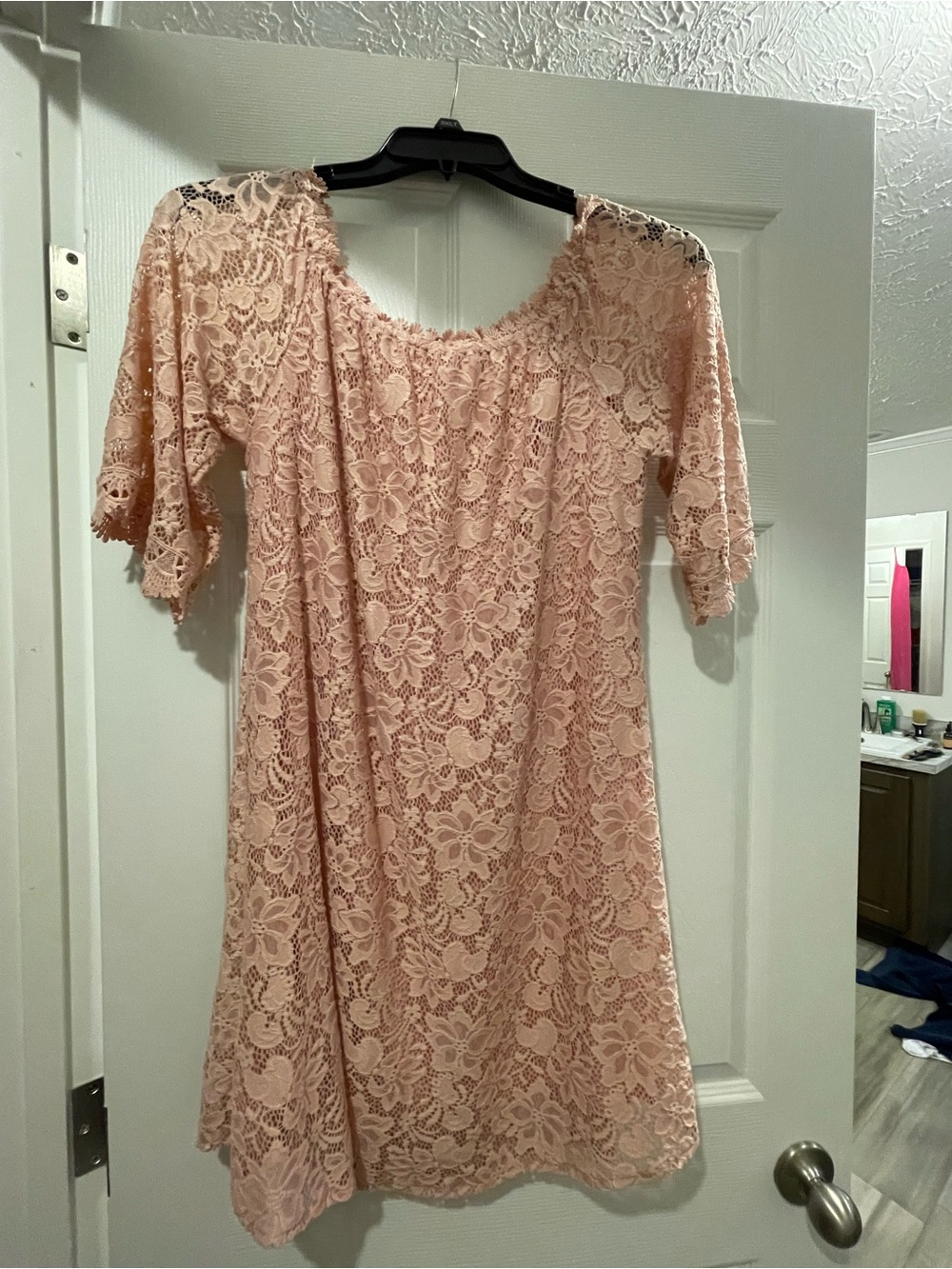 Women’s Lace Shift Dress in Blush Pink off the shoulder